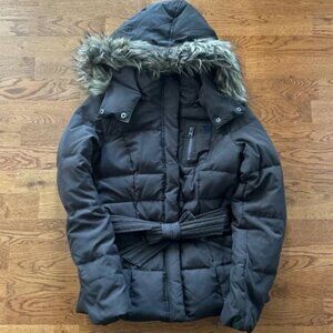 Abercrombie Women Parka Ski Jacket Coat S Winter Brown Puffer Fur Hood Belt VTG